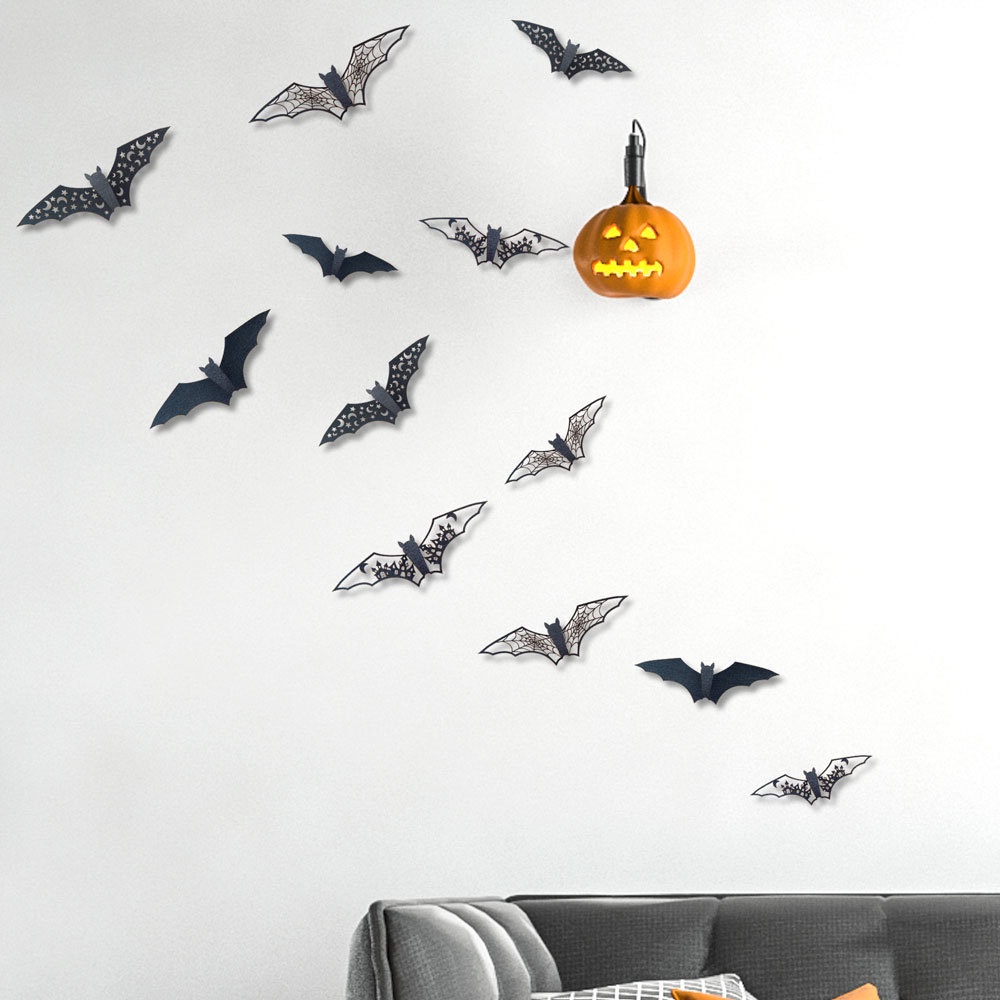 12pcs Stiker Dinding 3D Bentuk Kelelawar Warna Hitam Untuk Dekorasi Pesta Halloween