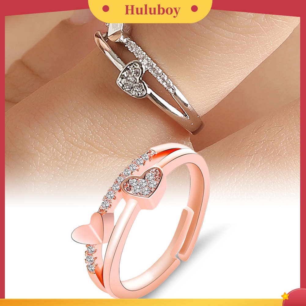Hu Hu Hu Hu Hu Alat Bantu Pasang Kacamata♡ Cincin Model Terbuka Desain Hati Ganda Hollow Hias Berlian Imitasi Untuk Wanita