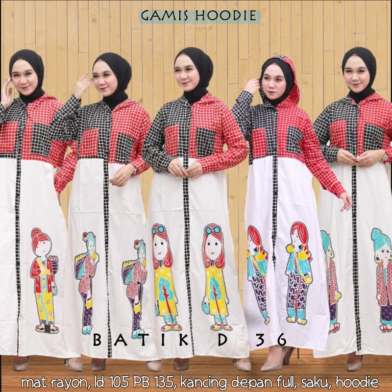 Gamis Wanita Hoodie Motif Kotak Besar Seling Warna Classic Santai Batik Elegen