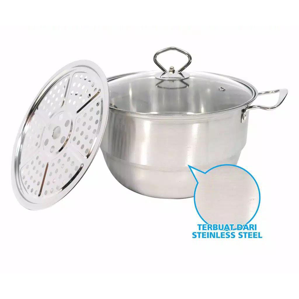 Panci Kukus 22cm Panci Steamer Stainless 22cm + Tutup Kaca 22 Cm Free Kukusan MURAH