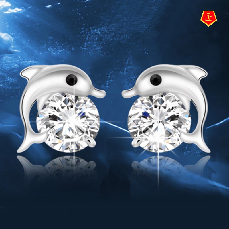 [Ready Stock]Silver Dolphin Diamond Stud Earrings Korean Style Fashion