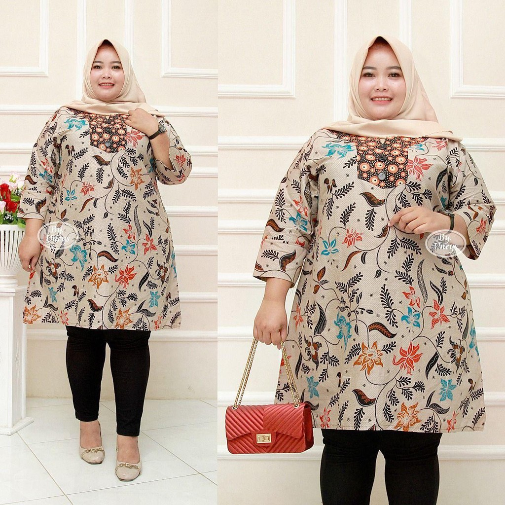 Tunik Batik Wanita Ukuran Jumbo LD 140cm Resleting Belakang Bahan Katun Adem Di Pakai Serap Keringat