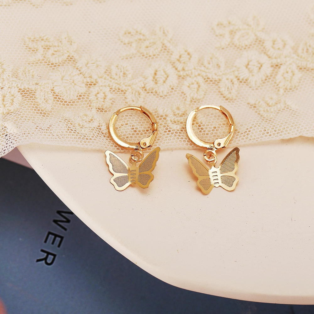 Anting Juntai Bentuk Kupu-Kupu Warna Emas Bahan Metal Gaya Bohemian Untuk Wanita