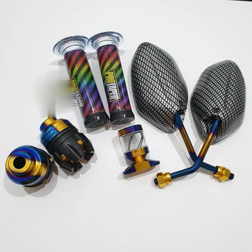 Paket 4 Variasi Thailand - Kaca Spion Model Beat Karbon Twotone + Grip Pelangi + Stempel Kaca Twotone + Jalu as Jumbo 2tone Motor Honda Beat Vario 2018 kebawah Scoopy Spacy Supra Revo