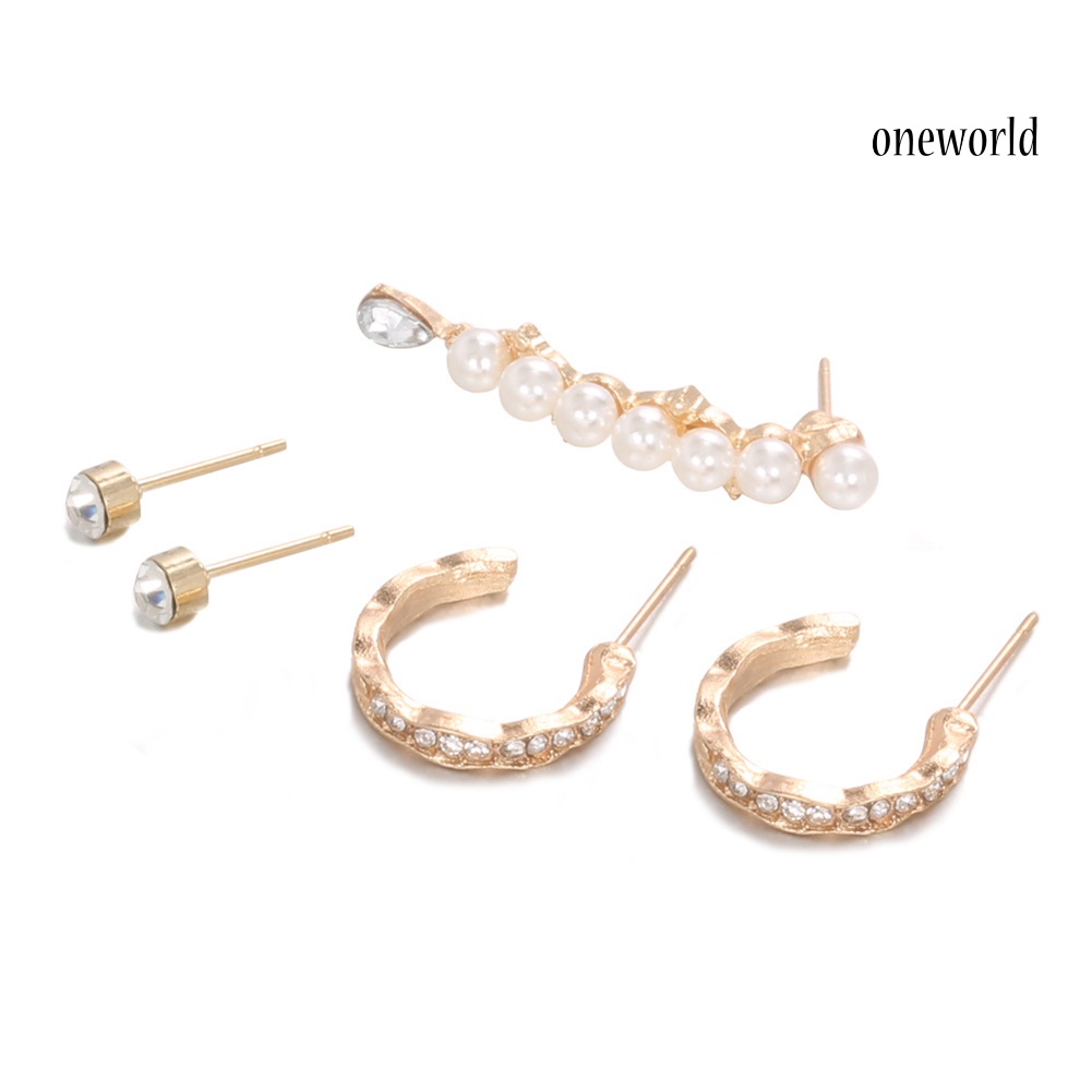 OW# 5Pcs Women Fashion Rhinestone Faux Pearl Geometric Stud Earrings Jewelry Gift