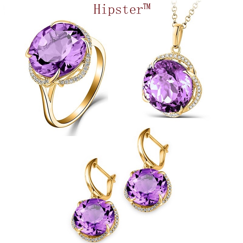 Fashion Elegant Colored Gems Amethyst Pendant Diamond Purple Gemstone Necklace Silver Set