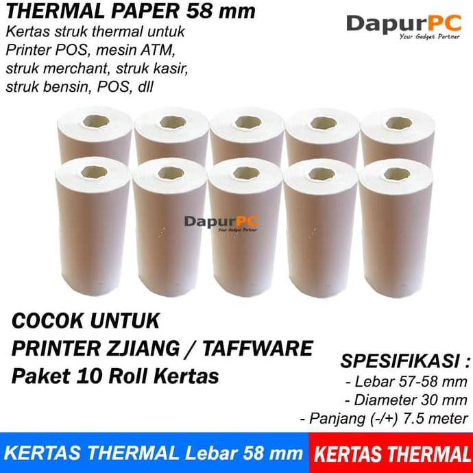 

THERMAL PAPER 58 X 30 MM 10 ROLL KERTAS STRUK UNTUK ATM PRINTER ZJIANG KODE 1460