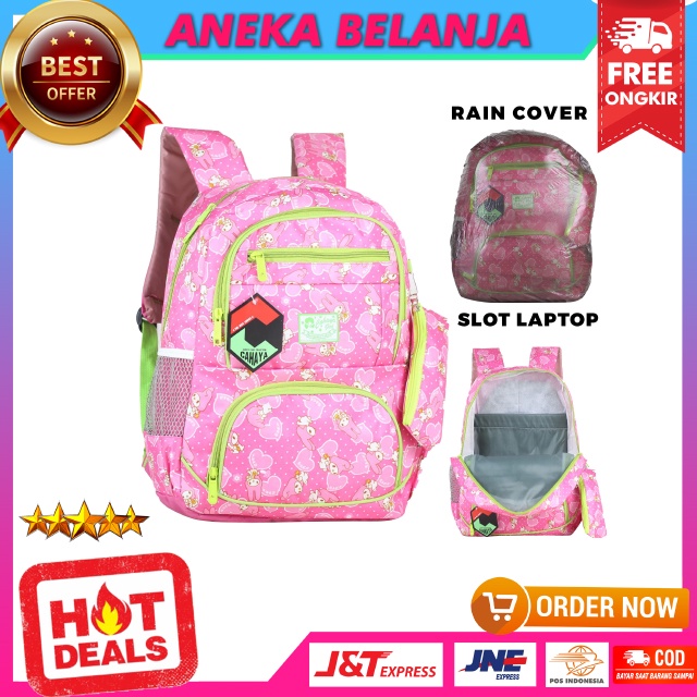 TAS SEKOLAH SD SMP CAHAYA KITTY PINK VARIASI HIJAU BACKPACK ANAK CEWEK KARAKTER LUCU FREE RAINCOVER