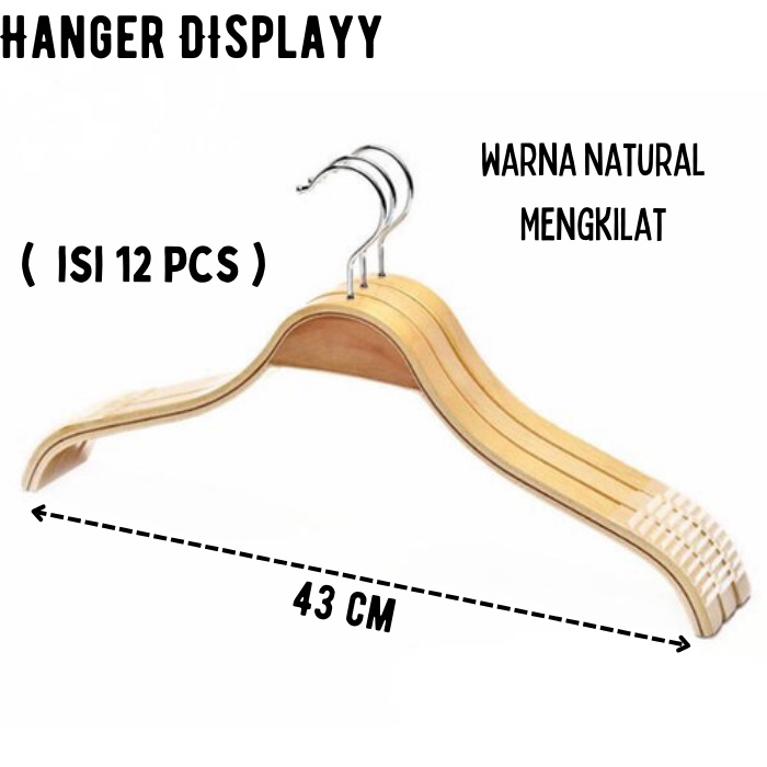 Hanger kayu Zara Dewasa (Wood) warna Natural 1 Lusin / Gantungan Baju Butik Distro / Hanger Toko (12 pcs)