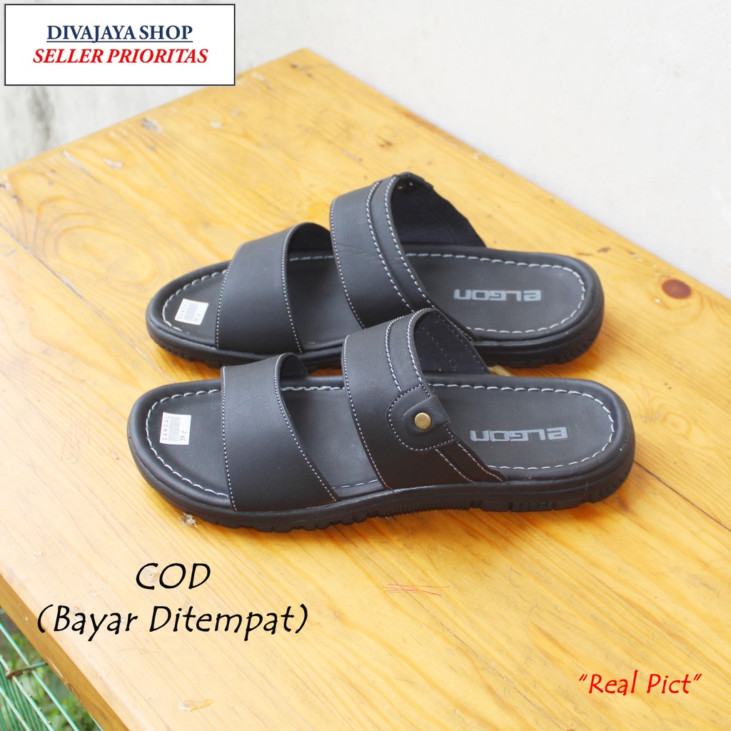 Sandal Elgon Tali Dua Semi Kulit/Sandal Selop Fashion Pria - Hitam