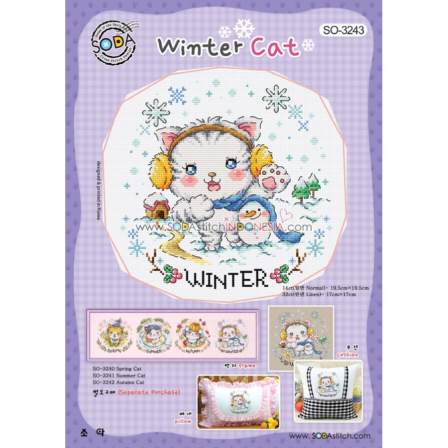 Paket Kristik Strimin Cross Stitch Sodastitch SO-3243 - Winter Cat Kucing Musim Dingin