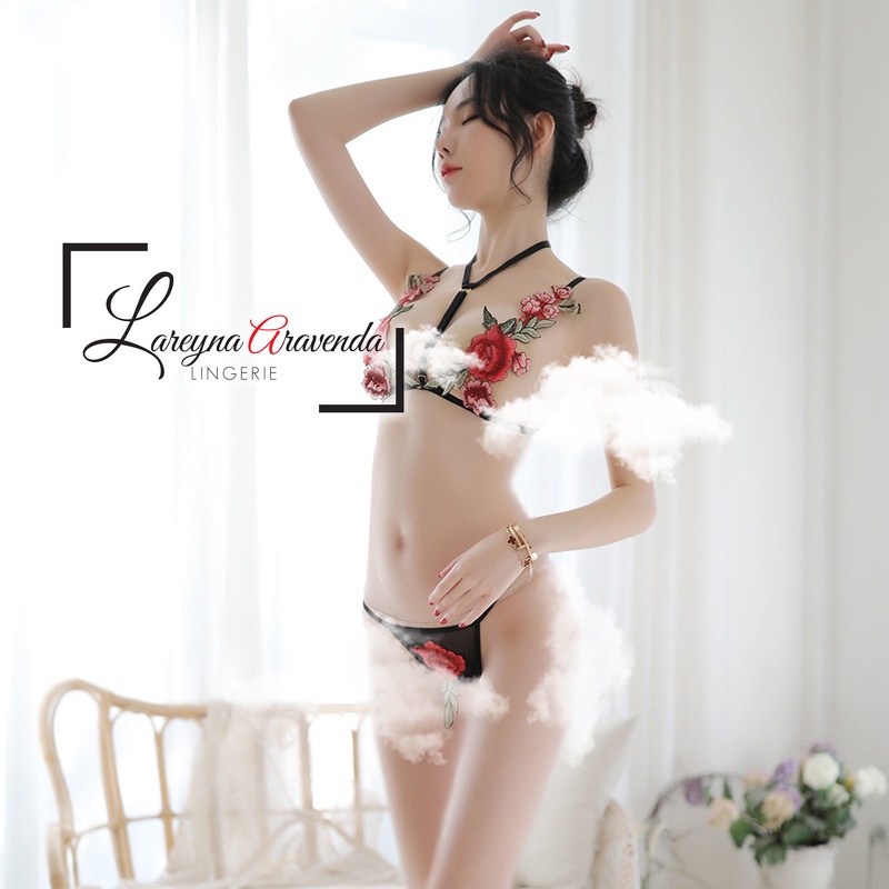 Set Bra Lingerie Seksi &amp; G String Model Bordir Bunga LG006
