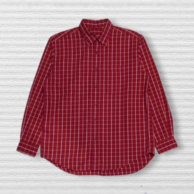 Baju kemeja flanel Uniqlo Merah Garis kuning putih brand PL