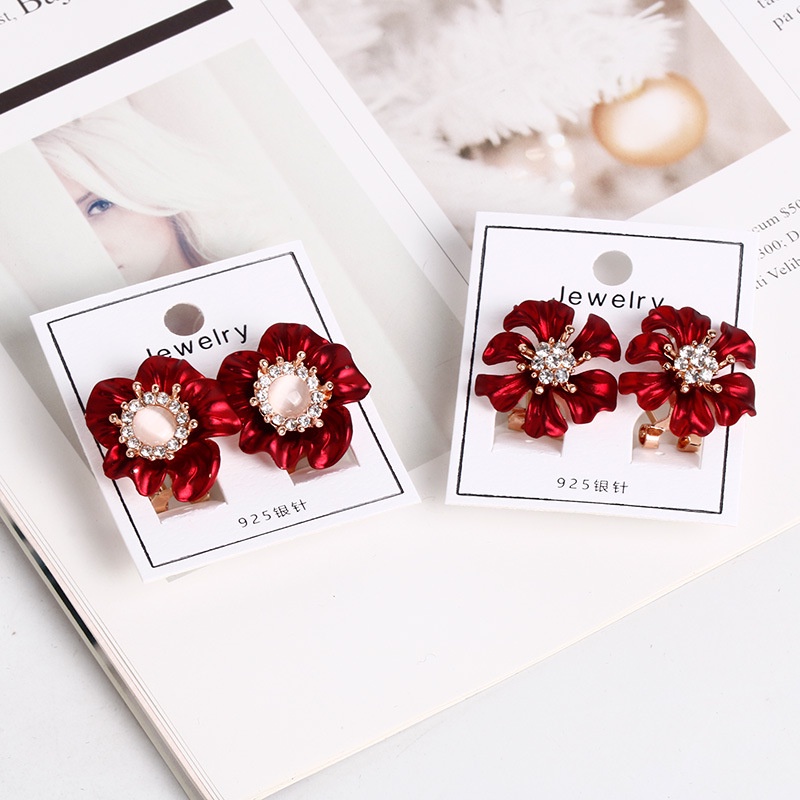 Anting 925 Silver Needle Bentuk Bunga Cherry Hati Aksen Mutiara Merah Gaya Korea