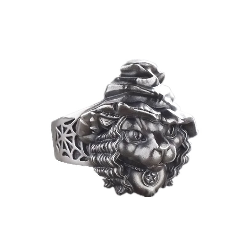 Unique Magic Witch Cat Silver Color Stainless Steel Ring Great Magician Gothic Animal Jewelry Gift Size 7-14