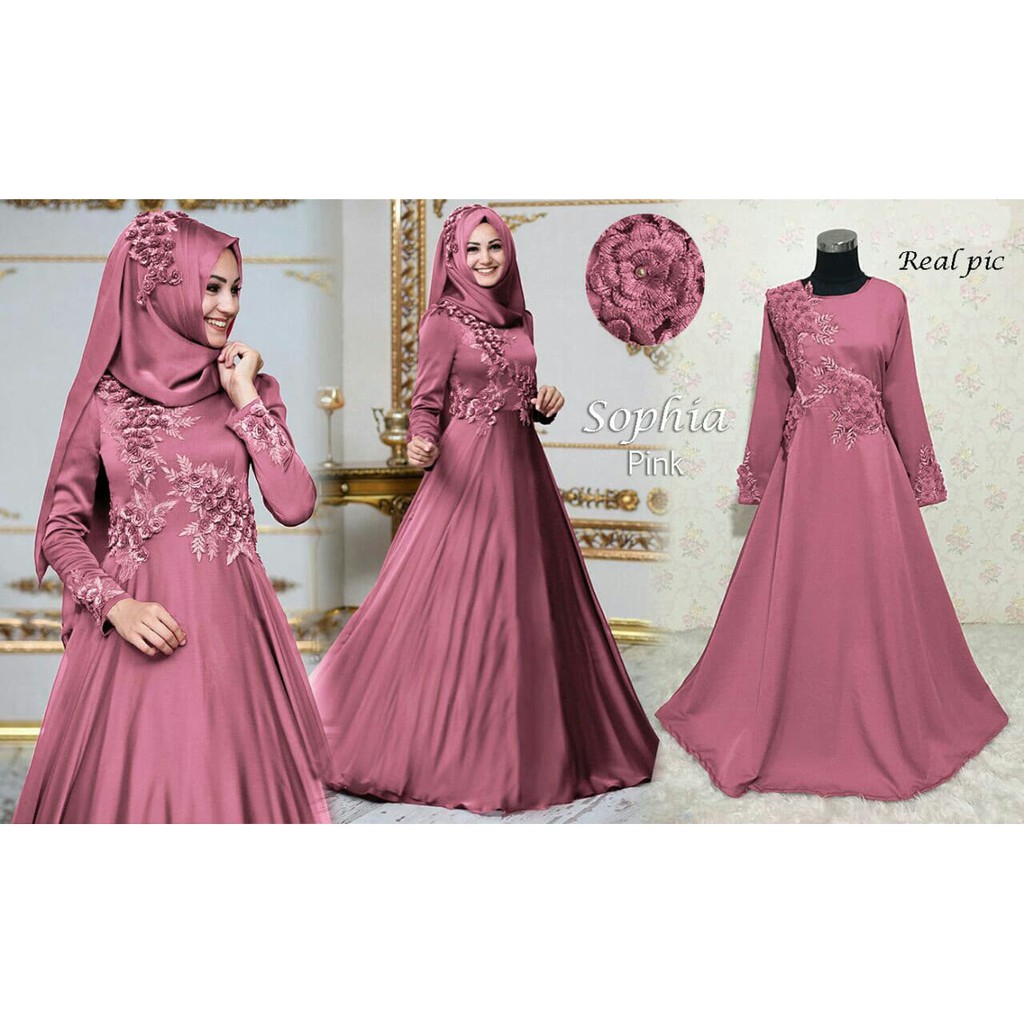 BAJU GAMIS MUSLIM PESTA MODERN MEWAH PARTY DRESS PESTA WARNA PINK