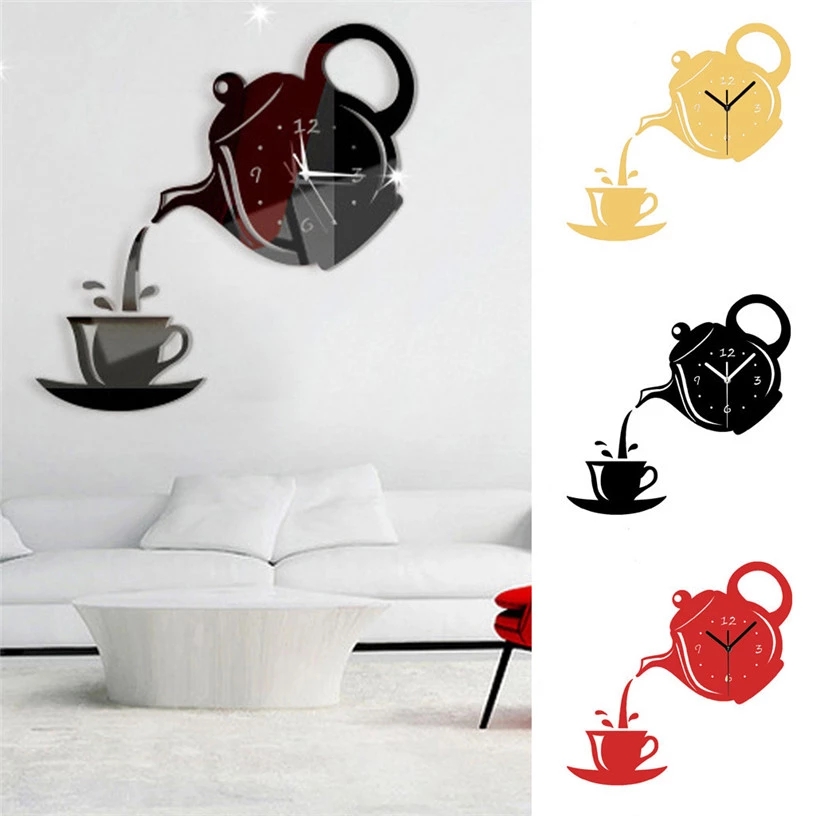 3d Self-Adhesive Acrylic Teahouse Jam Dinding Hias DIY Teko Cermin Desain Modern Cangkir Stiker Dinding