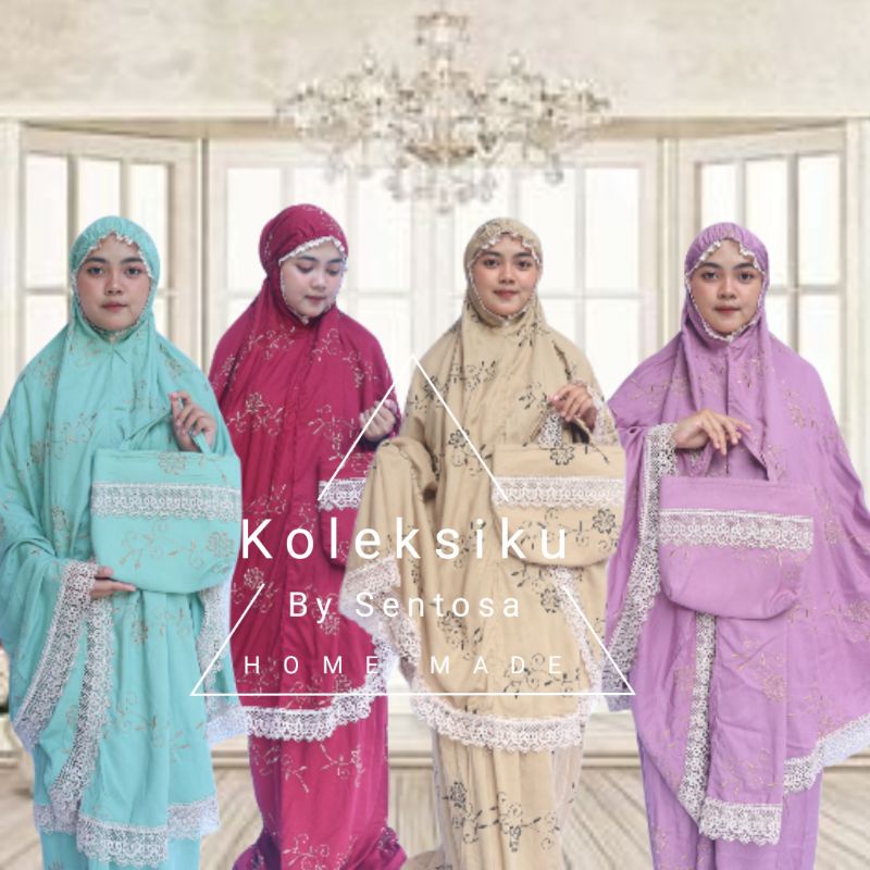 Mukena dewasa motif full bordir bunga teratai Mewah Premium By Sentosa