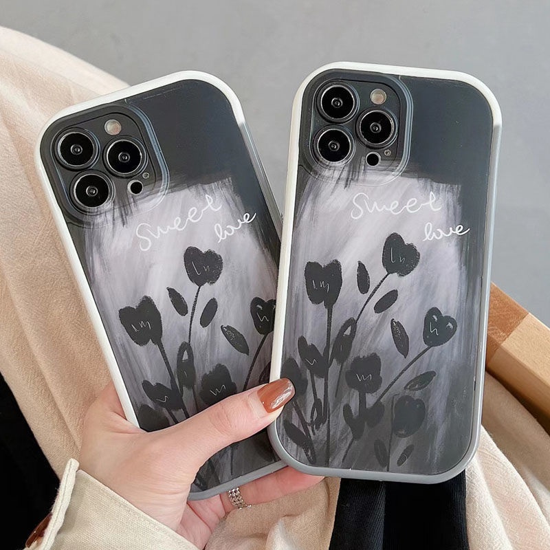 Soft Case Motif Print Bunga Hitam 13 12 Untuk iphone 11 pro xs max X XR 7 8 plus plfg