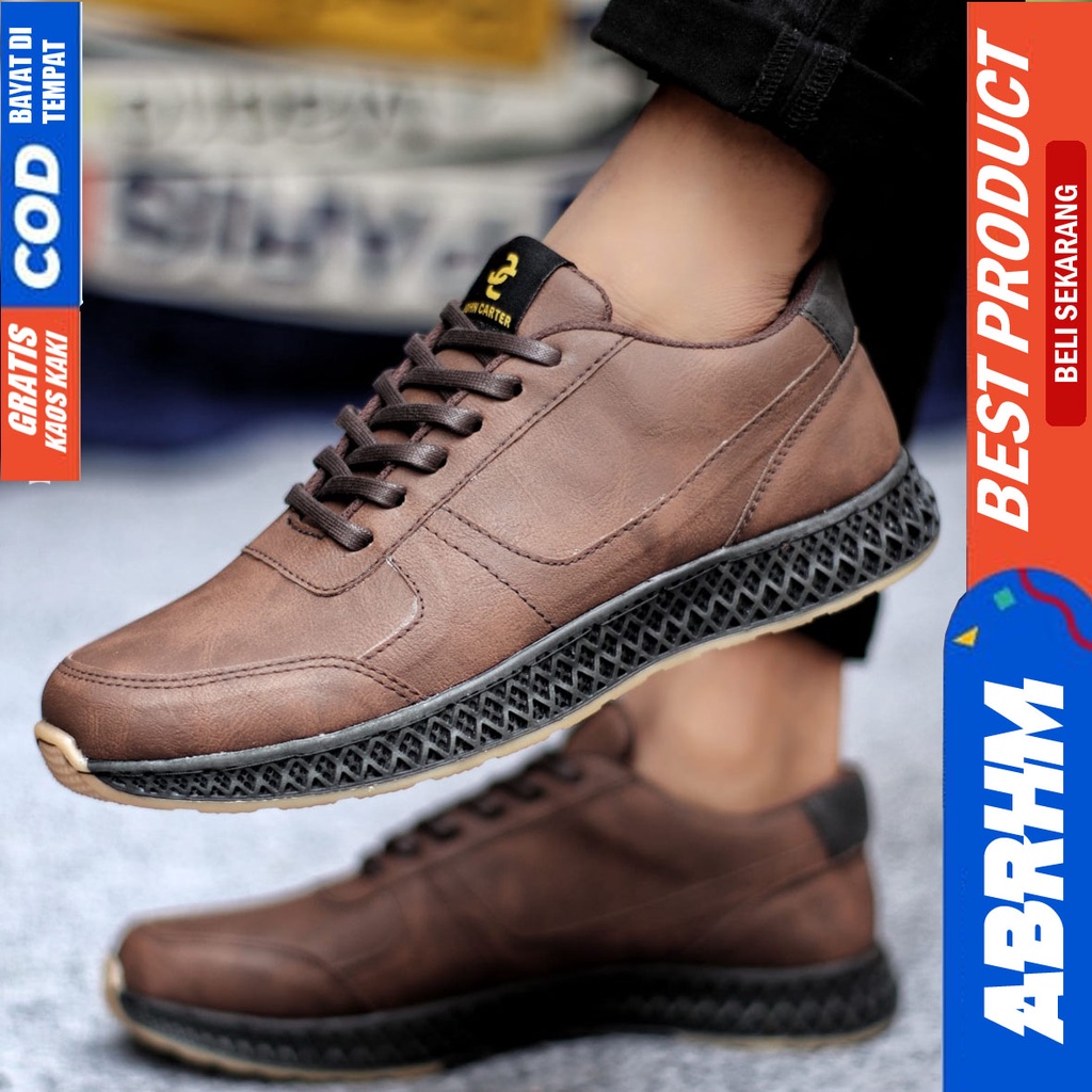 Sepatu Sneakers Pria Kasual Kulit Pu Kerja Santai Hitam Coklat JIMRUN ABRHM