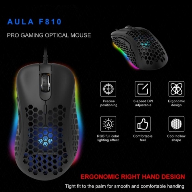 MOUSE GAMING HONEY COMB AULA F-810RGB EFFECTS-MACRO-7BUTTONS