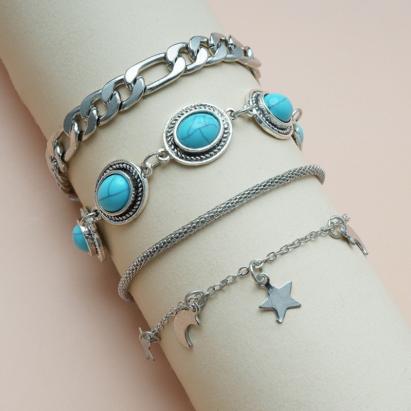 4pcs / Set Gelang Rantai Multilayer Desain Bulan Bintang Turquoise Untuk Wanita