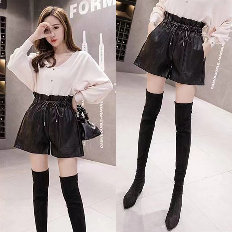 #Sisjuly# Kulit Celana Pendek Wanita2022Musim Semi dan Musim Gugur Baru Longgar Lebar Kaki Slim-Fit Pakaian Bo