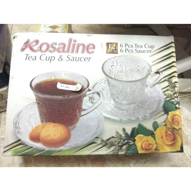 Gelas cantik ukiran Satu set piring 6 pcs rosaline cangkir kaca beling