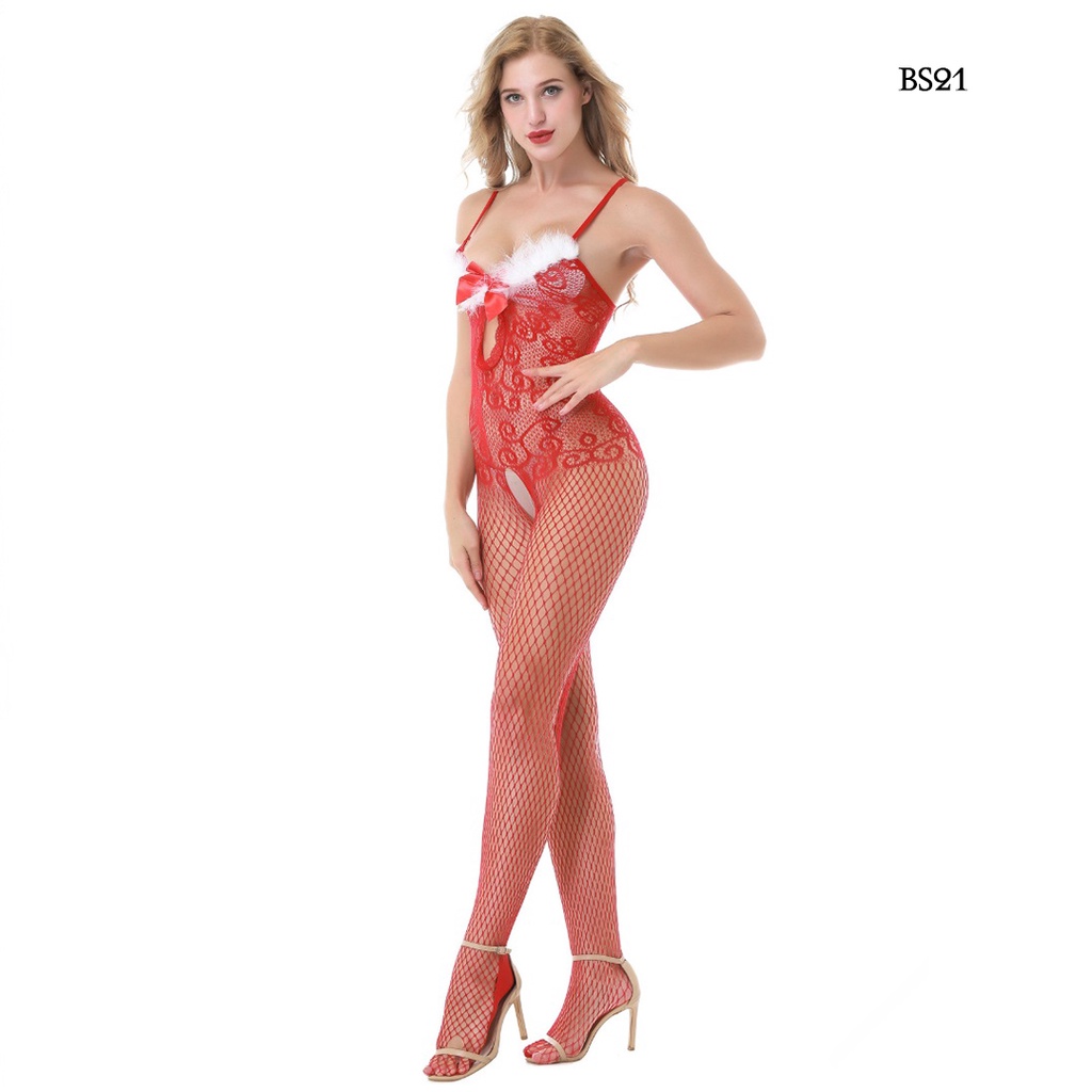 [ NEW ARRIVAL ] BODY STOCKING SEXY LINGERIE OPEN CROTCH MOTIF MERAH BS21