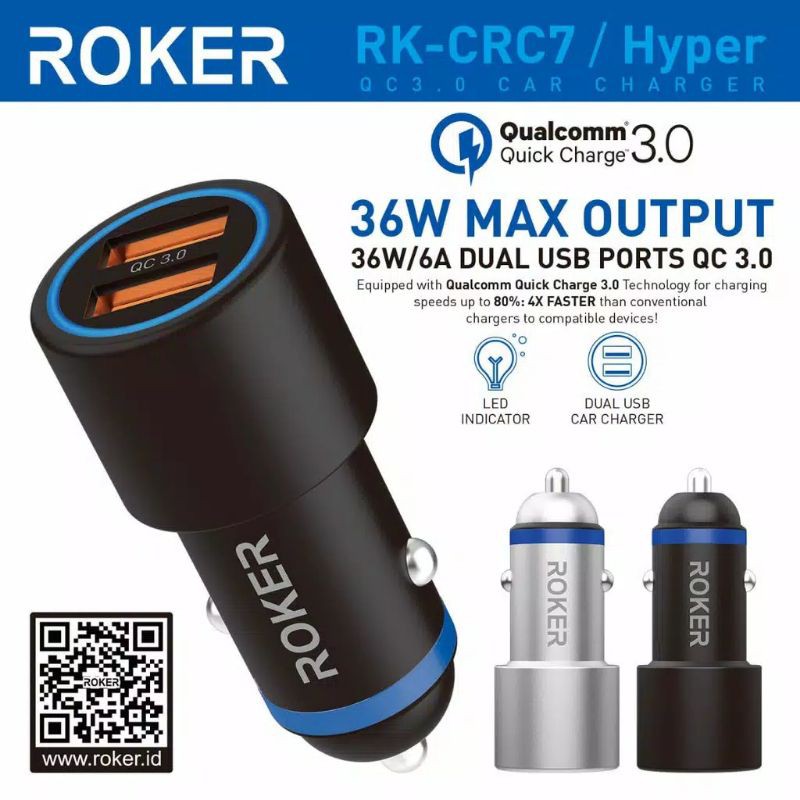 Roker Hyper Car Charger 36W/6A Dual USB Ports QC 3.0