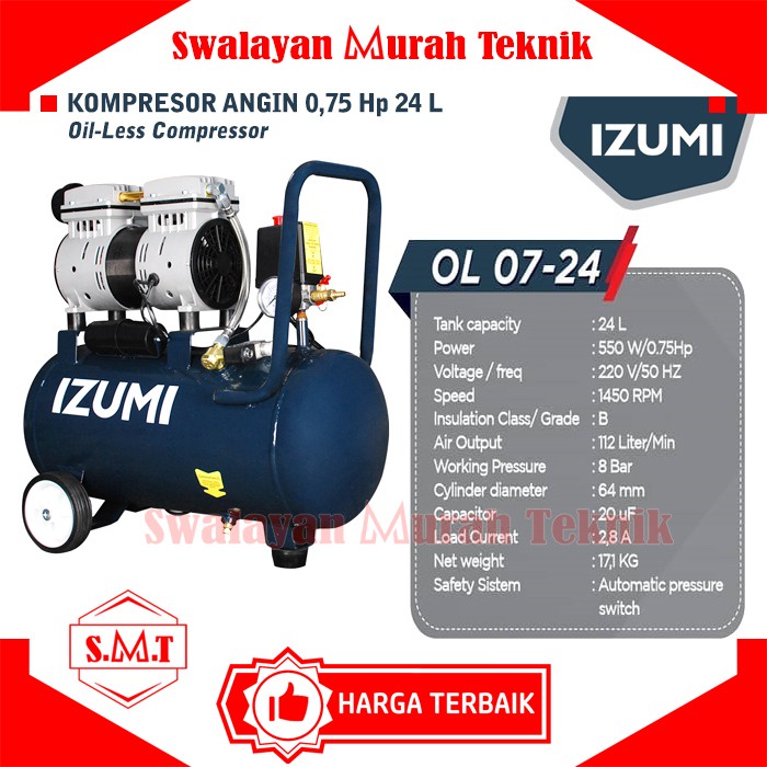 NLG OL0724 Kompresor Angin 24 Liter 3/4 HP Oiless Air Compressor IZUMI OL 0724 550 Watt 0.75 hp