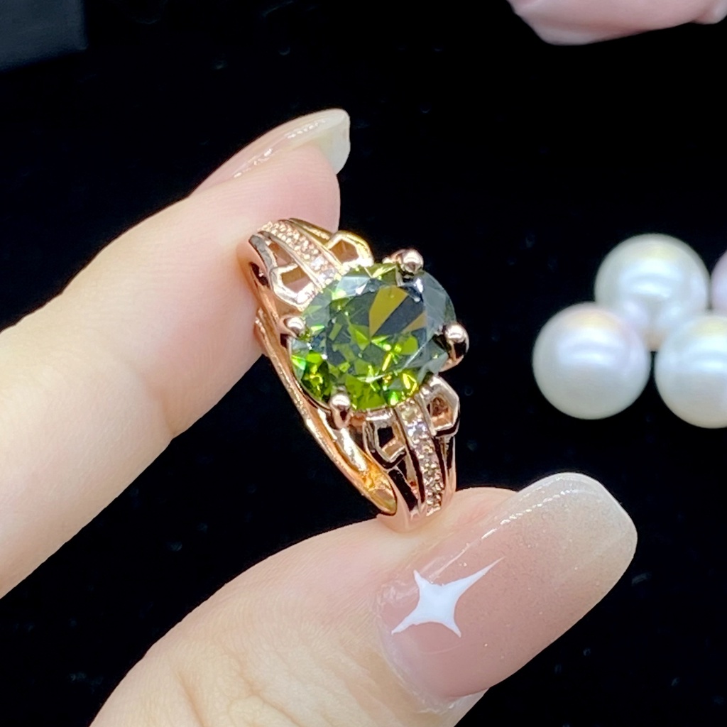 Batu Champagne Olivin Cincin S925 Perak Berlian Kristal Mawar Emas Perhiasan Fashion Wanita Pertunangan Pernikahan Rings