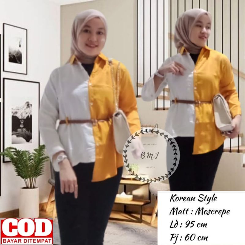 Kemeja Wanita Atasan Blouse Casual Polos Kombinasi Warna Motif Korean style Fashion Muslim 018-8