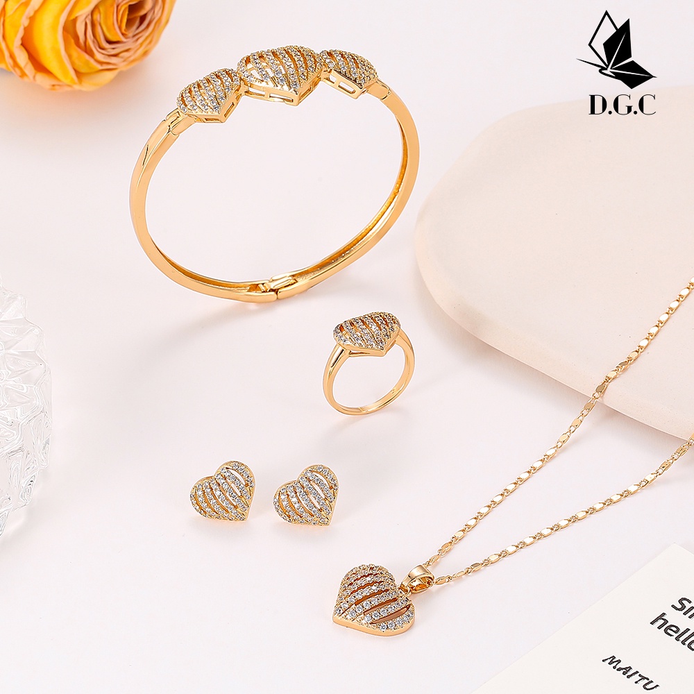 D.G.C COD Dewasa Titanium Lapis Emas Set Perhiasan Titanium Anti Karat Anting Korea Kalung Wanita Gelang Tangan Wanita Cincin