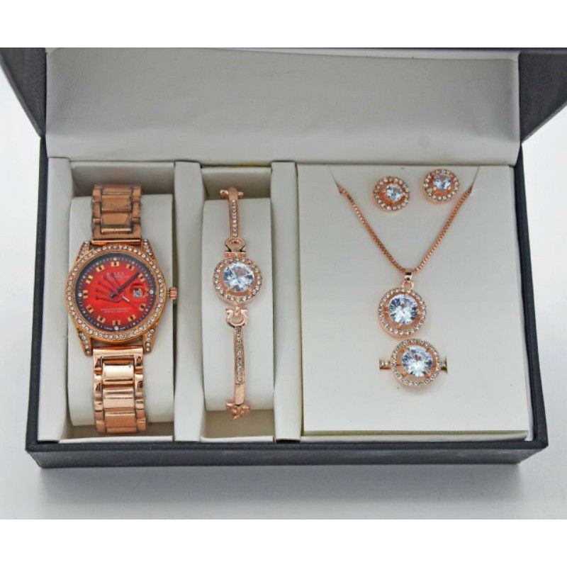 JAM TANGAN WANITA ROLEX RED SET KALUNG CINCIN