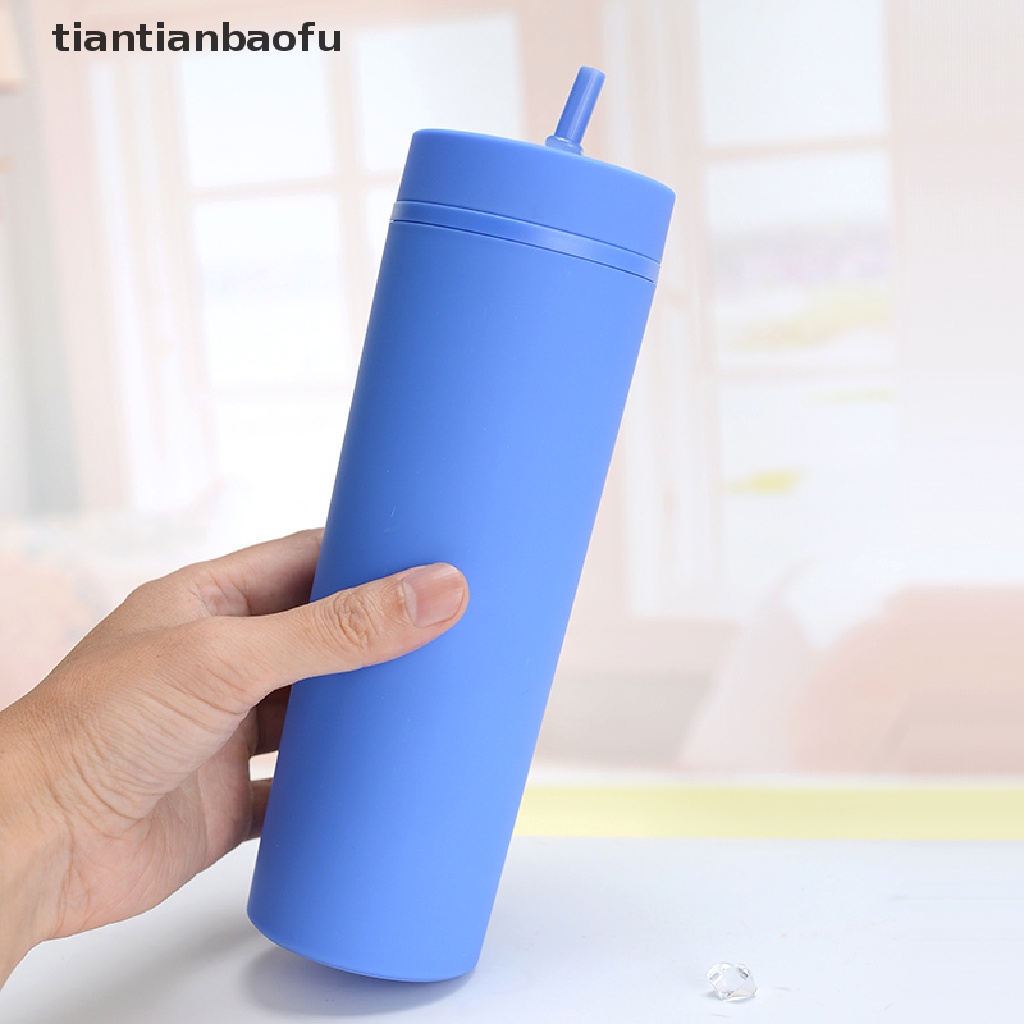 [tiantianbaofu] 1pc Reusable Skinny 16oz Plastic Tumbler Double Wall Tumbler with Straw Boutique