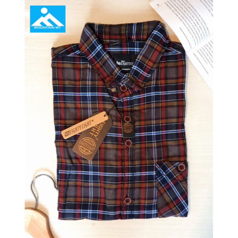Kemeja Flannel Brill eigthy eigth– Navy grey line blue Orange Lengan Panjang (UNISEX)
