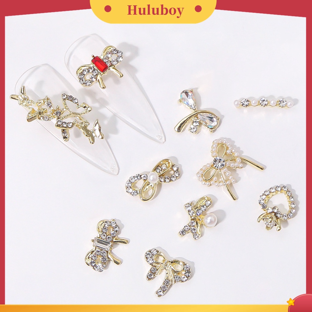 Huluboy Huluboy♡ 10 Pcs Ornamen Berlian Imitasi Bentuk Pita Hati Mutiara 3D Untuk Kerajinan Manicure Nail Art