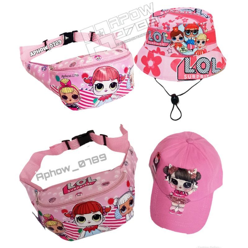 Paket 2in1 Tas Waistbag anak Perempuan Karakter Free Topi anak Led dan Bucket