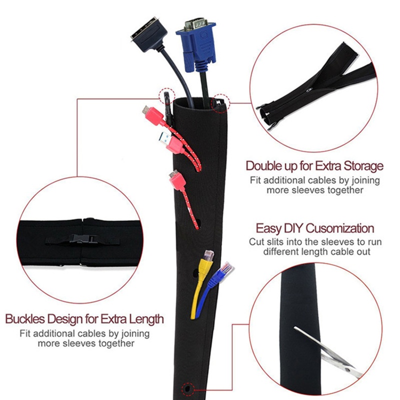 Btsg Resleting Cable Management Organizer Wire Wrap Cover Storage Bag Hider Untuk Protec