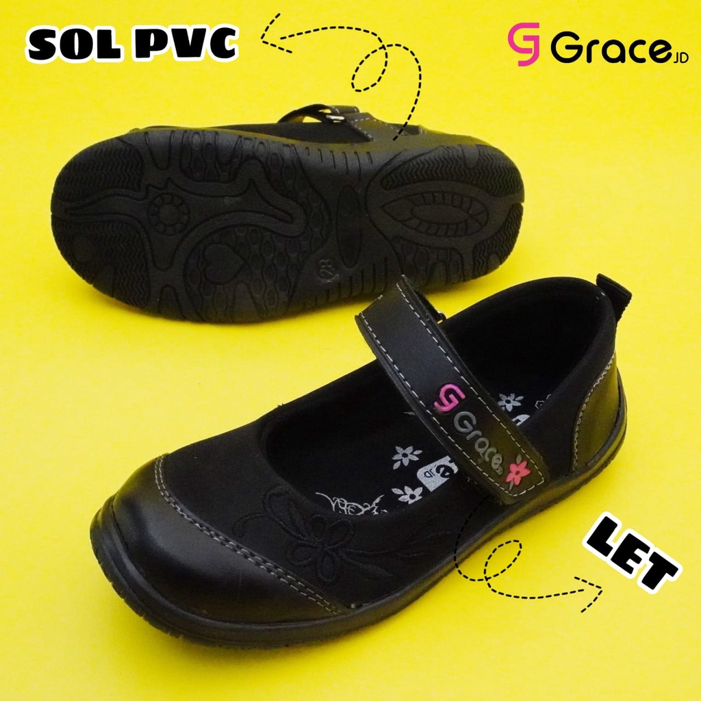 GRACE [HNB 01] 26-35/ Sepatu Sekolah Anak Cewek Perempuan Hitam/ Sepatu Flat Tali Perekat Bunga