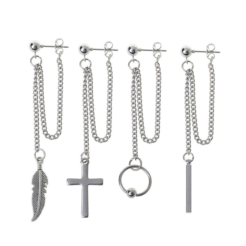 Moonlight&quot; Titanium Steel Korean Bangtang Boys Cross Leaf Pendant Double Chain Earring