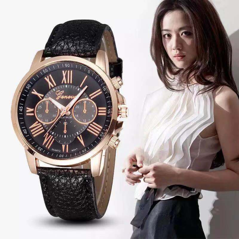 Jam Tangan Geneva Pria Hitam Emas Leather Quartz Jam Tangan Fashion Wanita Jam Tangan Kulit Analog