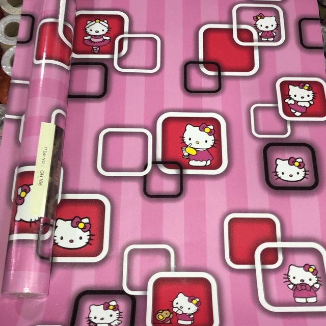 WALLPAPER  STICKER DINDING SALUR PINK KOTAK HELLO KITTY 45 CM X 10 M