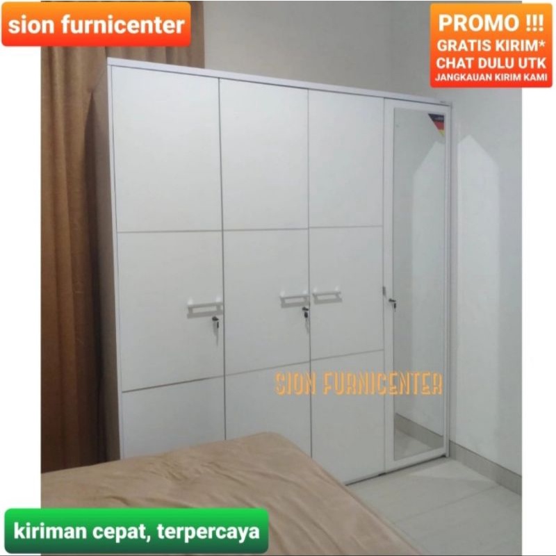 lemari pakaian 4 pintu putih glossy plus cermin bahan tebal seperti informa / lemari baju 4 pintu pu