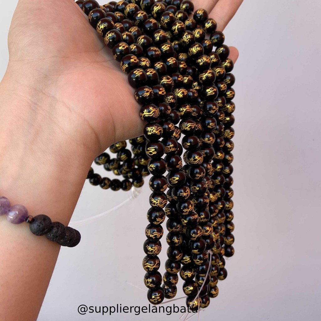 renceng batu hitam naga bead black gold 10mm kalung gelang dragon bead