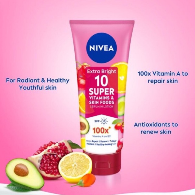 (NEW) Nivea Extra Bright 10 Super Vitamins &amp; Skin Food Serum 180ml