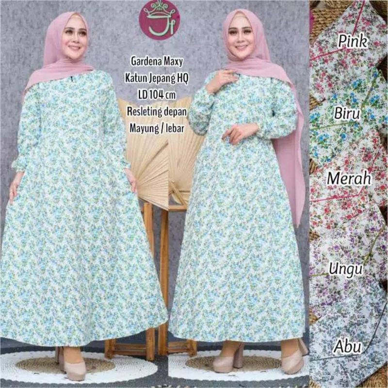 Gamis katun motif bunga warna biru