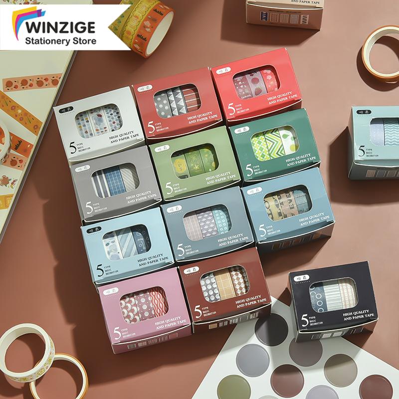 

Masking Tape Set Basic Pattern Washi Tape DIY Scrapbooking Journal 5 Rolls