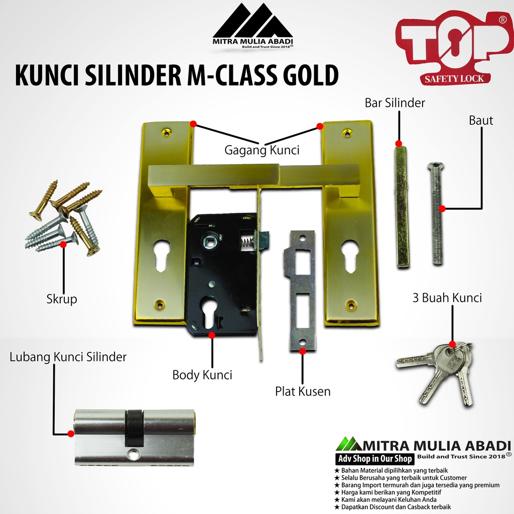 Kunci Silinder Pintu Rumah Warna Emas TOP M-Class Komplit 1 Set 20cm